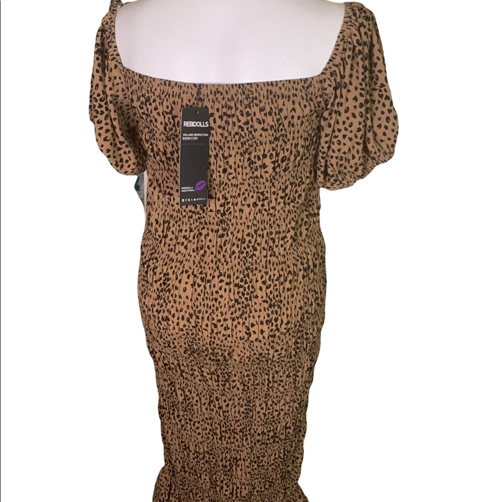 Rebdolls Puff Sleeve Leopard Print Black Brown Elastic Off Shoulder Dress - Picture 7 of 11